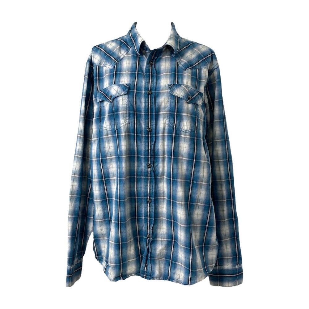 Cody James Mens Western Pearl Snap Shirt Blue and White Plaid Cowboy Size 2XLT